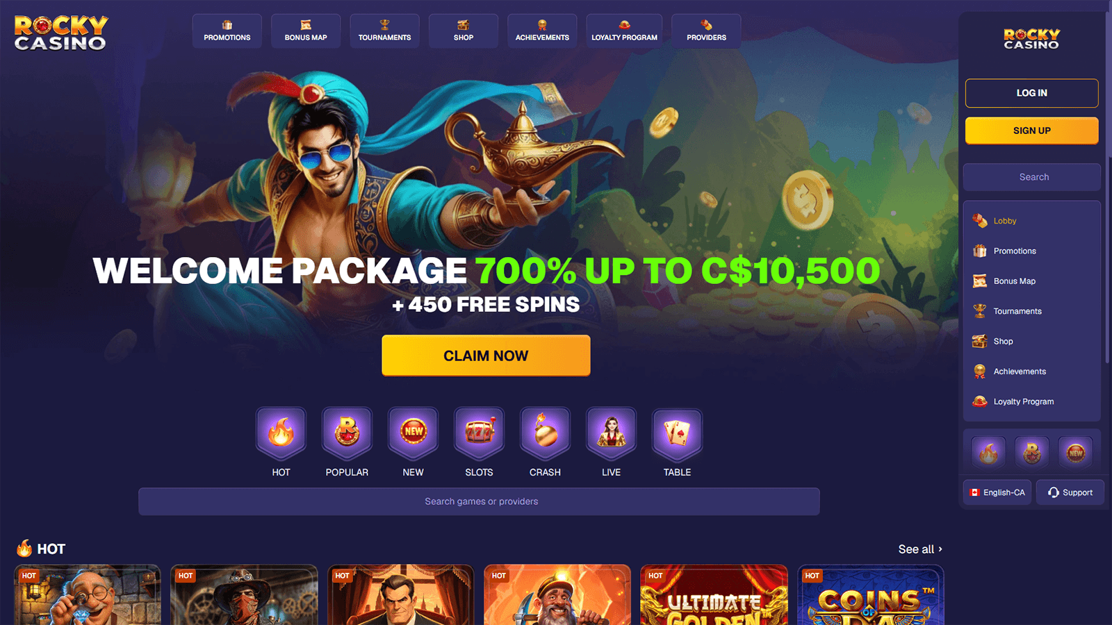 Rocky Casino Homepage in Canada