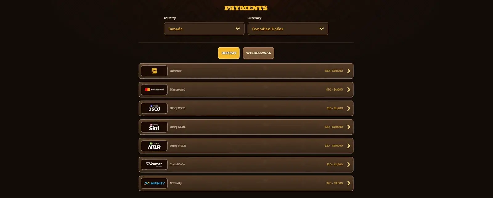Lizaro Casino Payment Methods