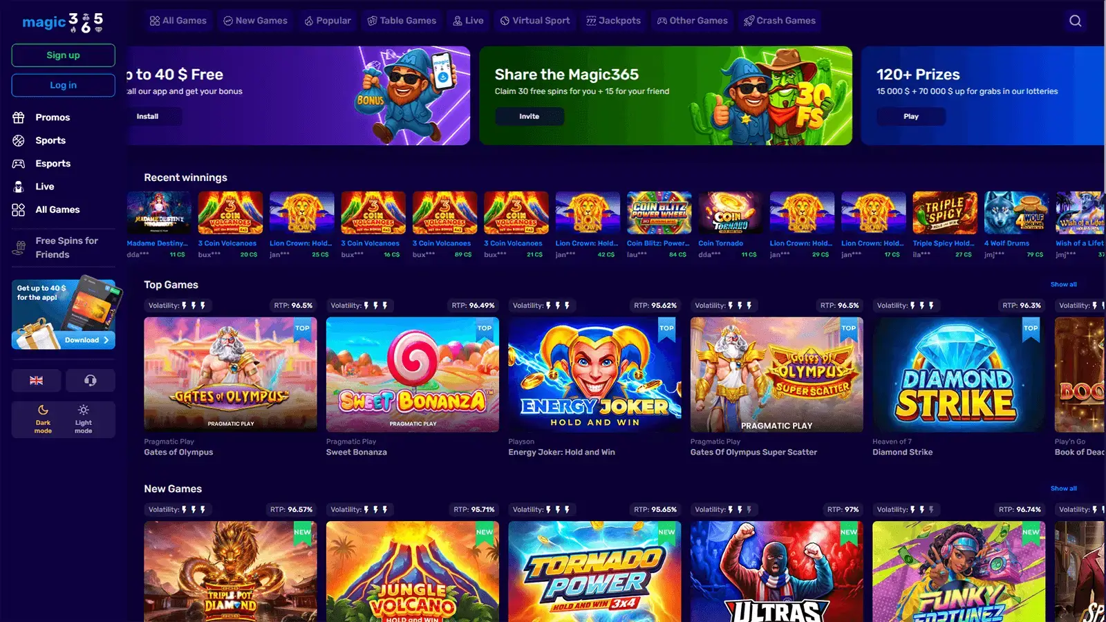 Magic365 Casino Homepage in Canada