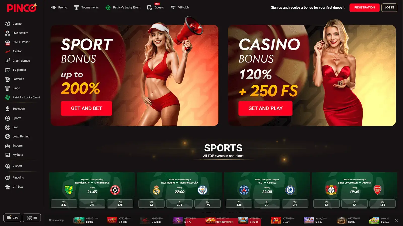 Pinco Casino Homepage in Canada