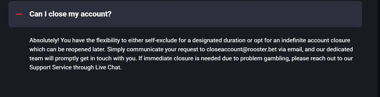 RoosterBet How to delete account