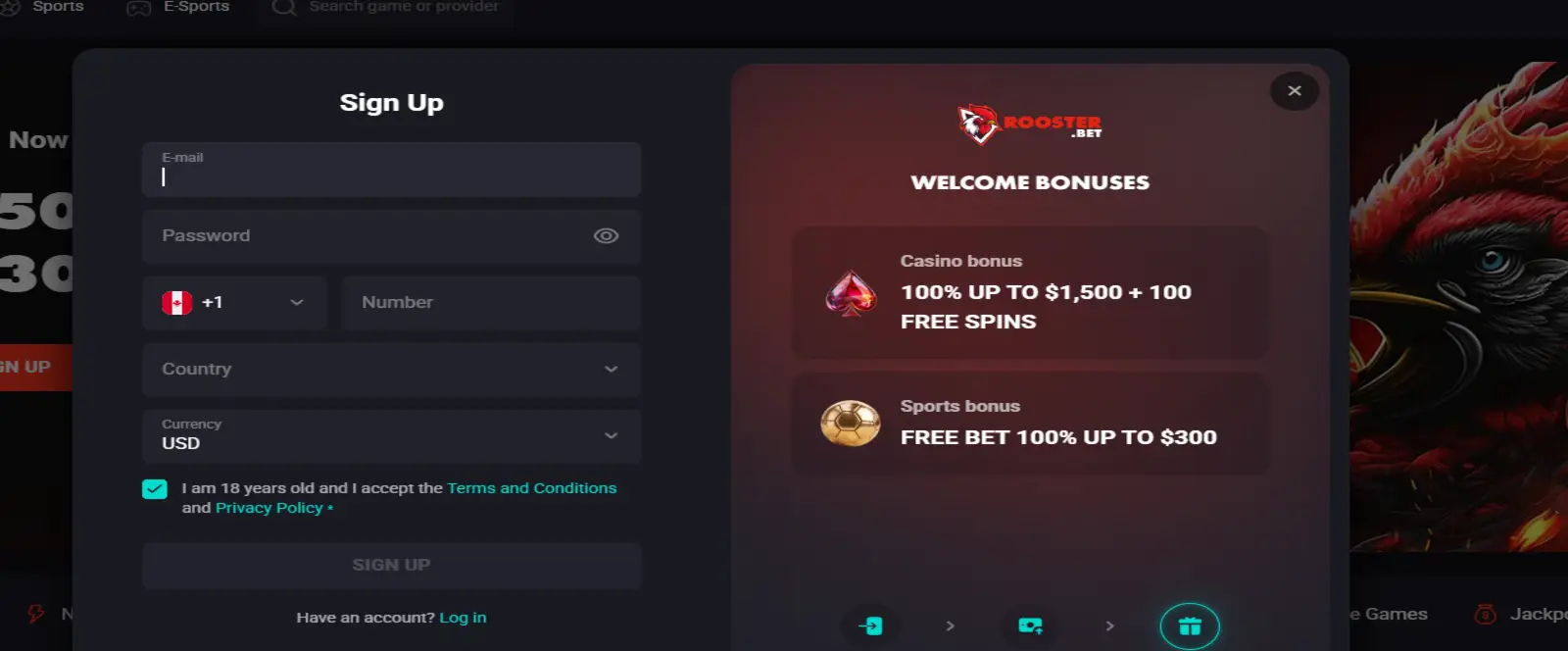RoosterBet Registration Form