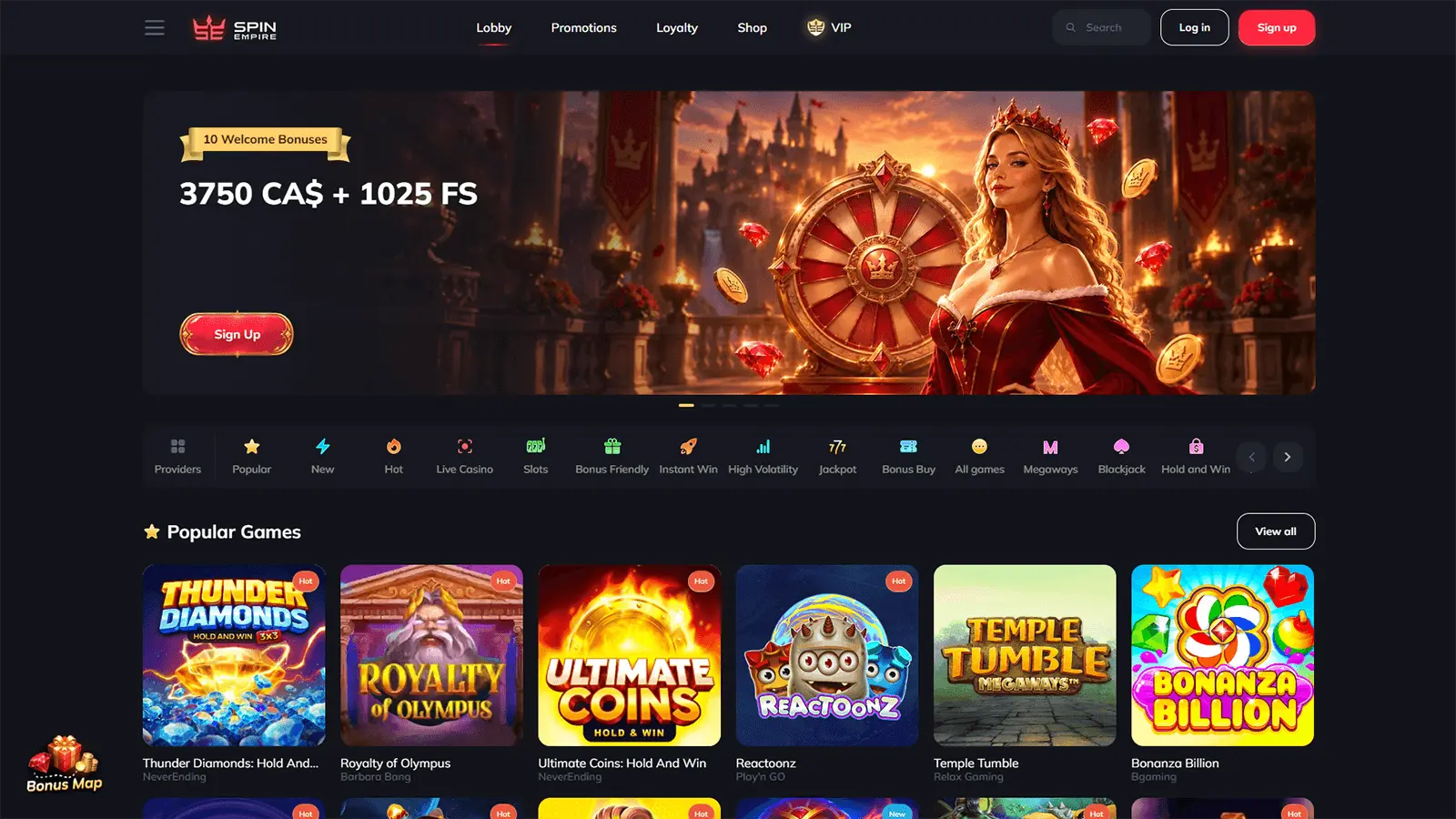 SpinEmpire Casino Homepage in Canada