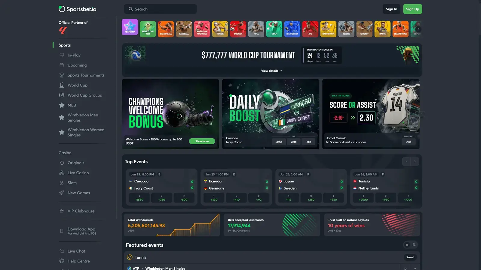 Sportsbet.io Casino Homepage in Canada
