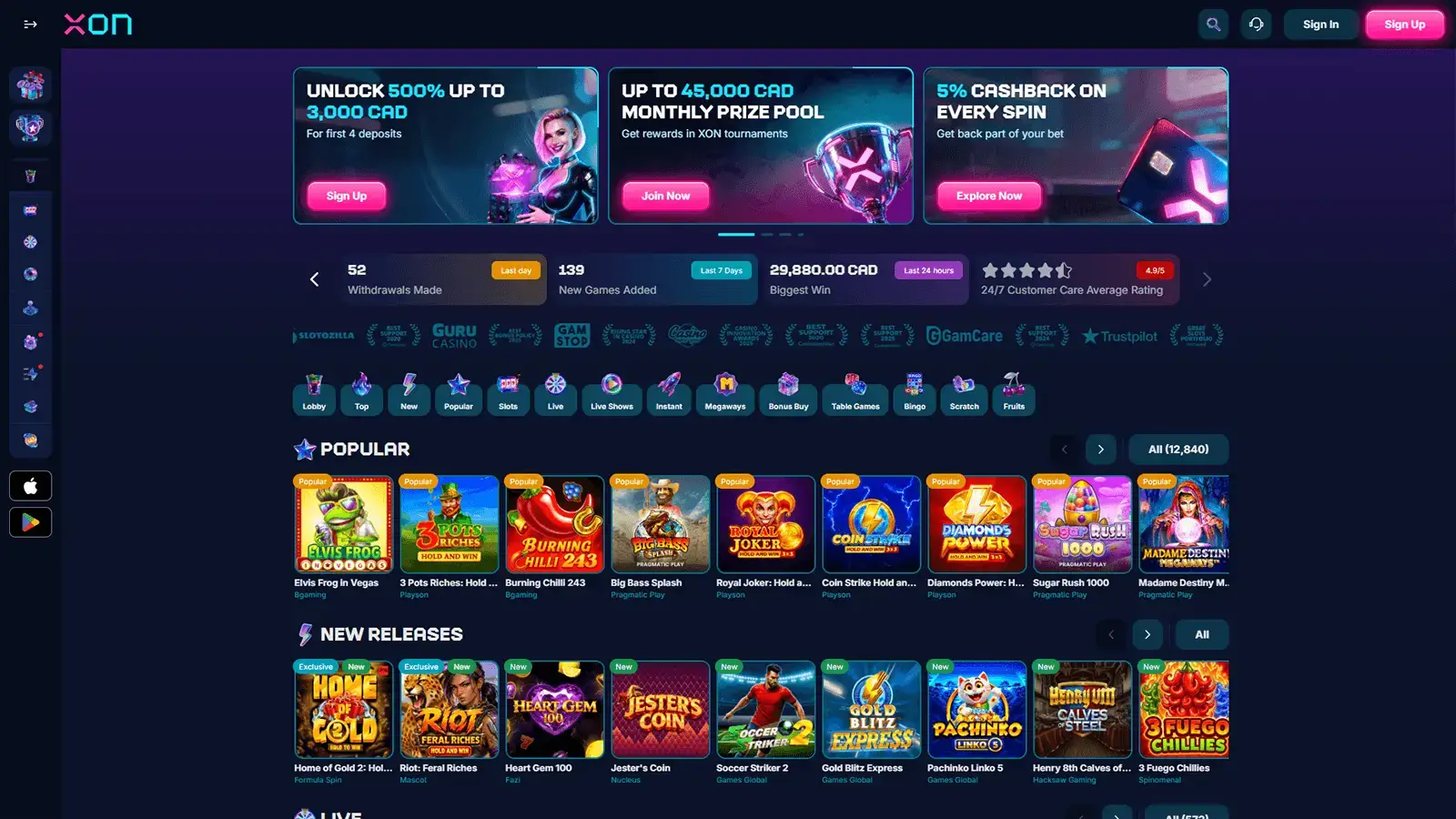 XON Casino Homepage in Canada